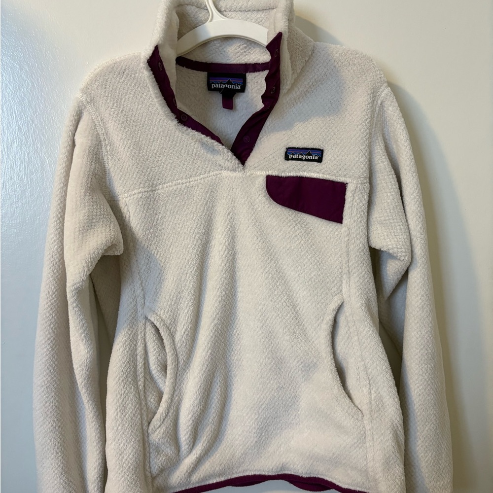 Patagonia Cream Fleece with Purple Trim
